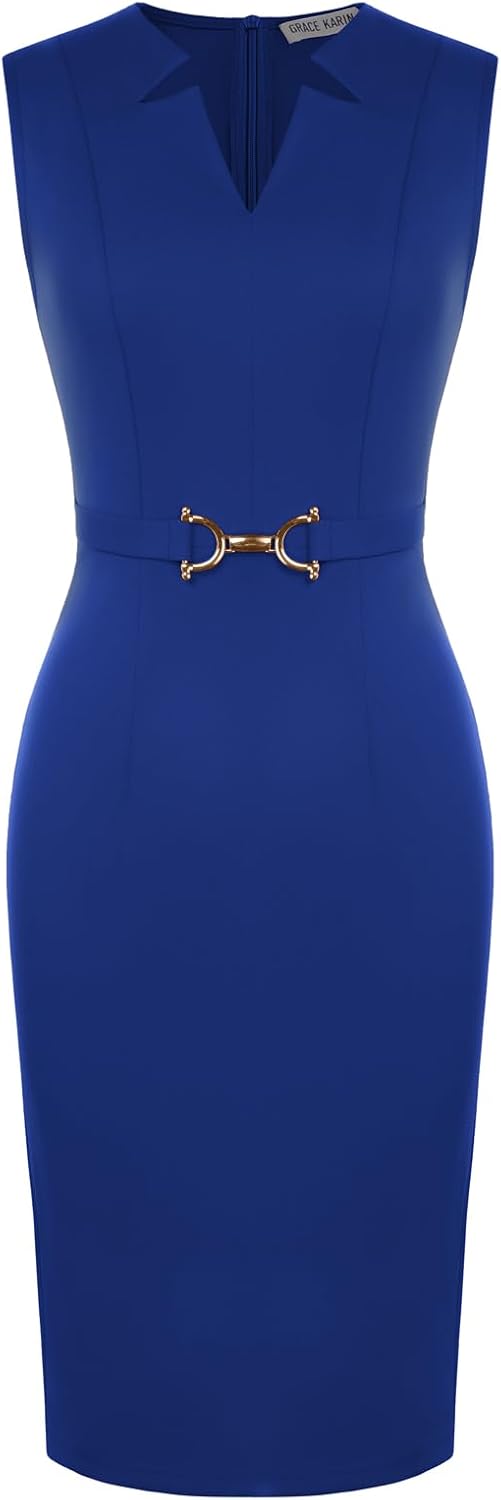 GRACE KARIN Womens Midi Work Business Formal Funeral Dresses 2026 | Summer Sleeveless V Neck Bodycon Pencil Sheath Knee Length Dress Professional Formal Office Church Cocktail Outfits