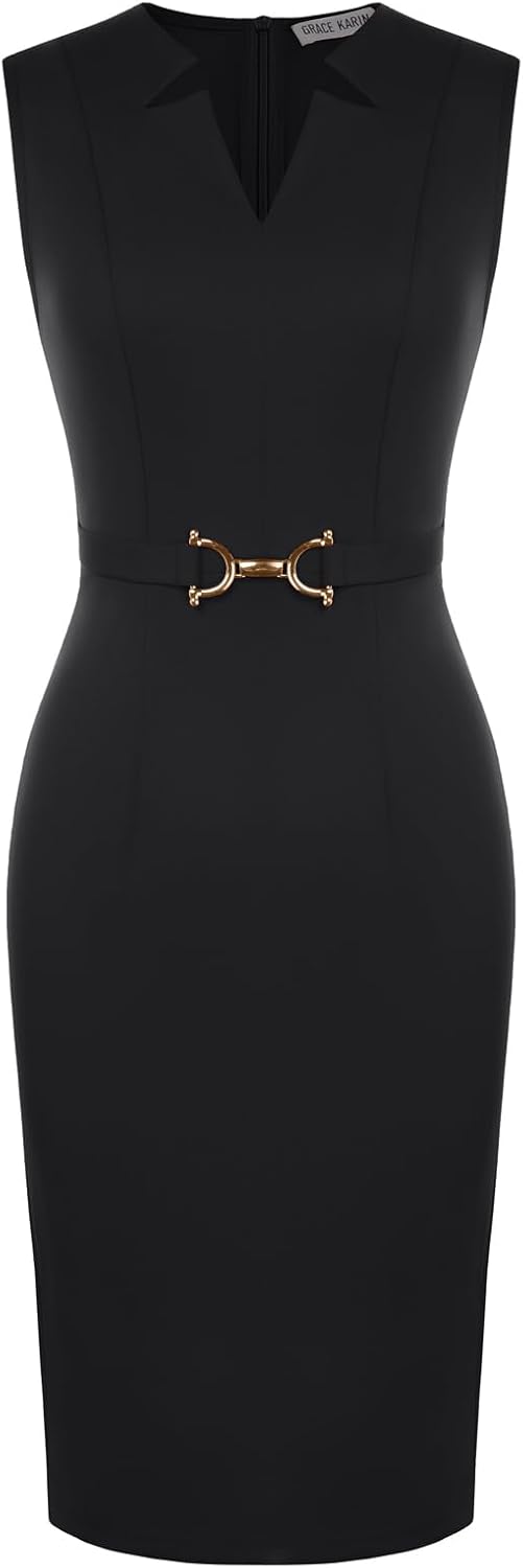 GRACE KARIN Womens Midi Work Business Formal Funeral Dresses 2026 | Summer Sleeveless V Neck Bodycon Pencil Sheath Knee Length Dress Professional Formal Office Church Cocktail Outfits