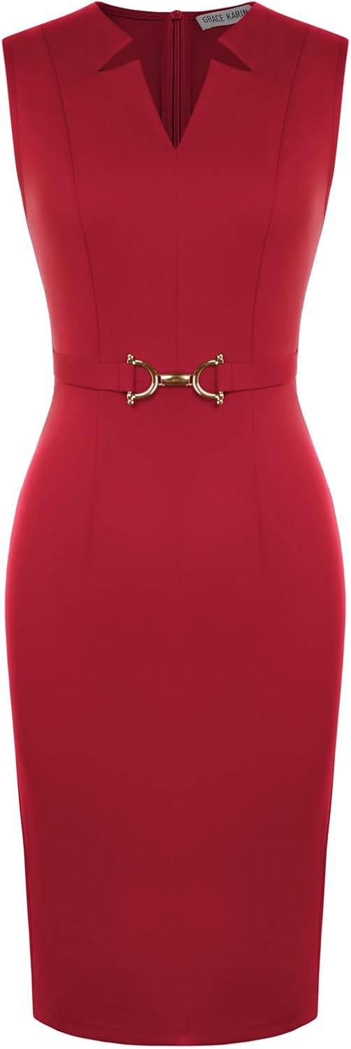 GRACE KARIN Womens Midi Work Business Formal Funeral Dresses 2026 | Summer Sleeveless V Neck Bodycon Pencil Sheath Knee Length Dress Professional Formal Office Church Cocktail Outfits