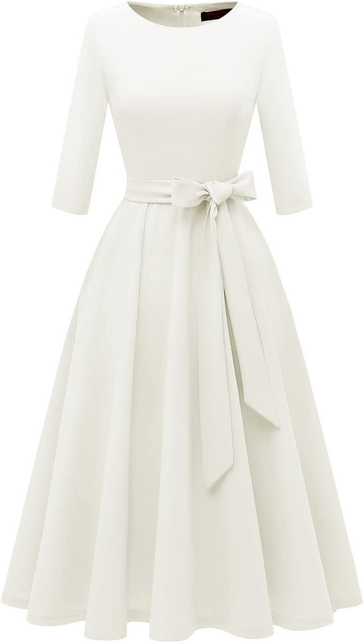 DRESSTELLS Cocktail Dresses for Women, Vintage Wedding Guest Church Dress | 3\/4 Sleeves, A-line, Mid Calf, Detachable Belt, Ideal for Formal Tea Party