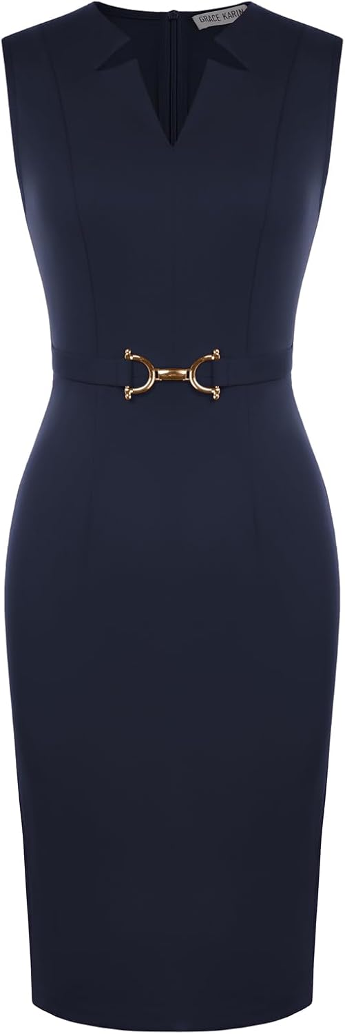 GRACE KARIN Womens Midi Work Business Formal Funeral Dresses 2026 | Summer Sleeveless V Neck Bodycon Pencil Sheath Knee Length Dress Professional Formal Office Church Cocktail Outfits