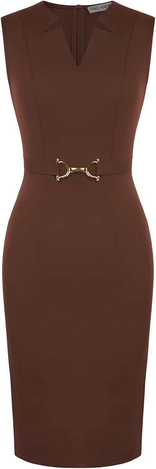 GRACE KARIN Womens Midi Work Business Formal Funeral Dresses 2026 | Summer Sleeveless V Neck Bodycon Pencil Sheath Knee Length Dress Professional Formal Office Church Cocktail Outfits