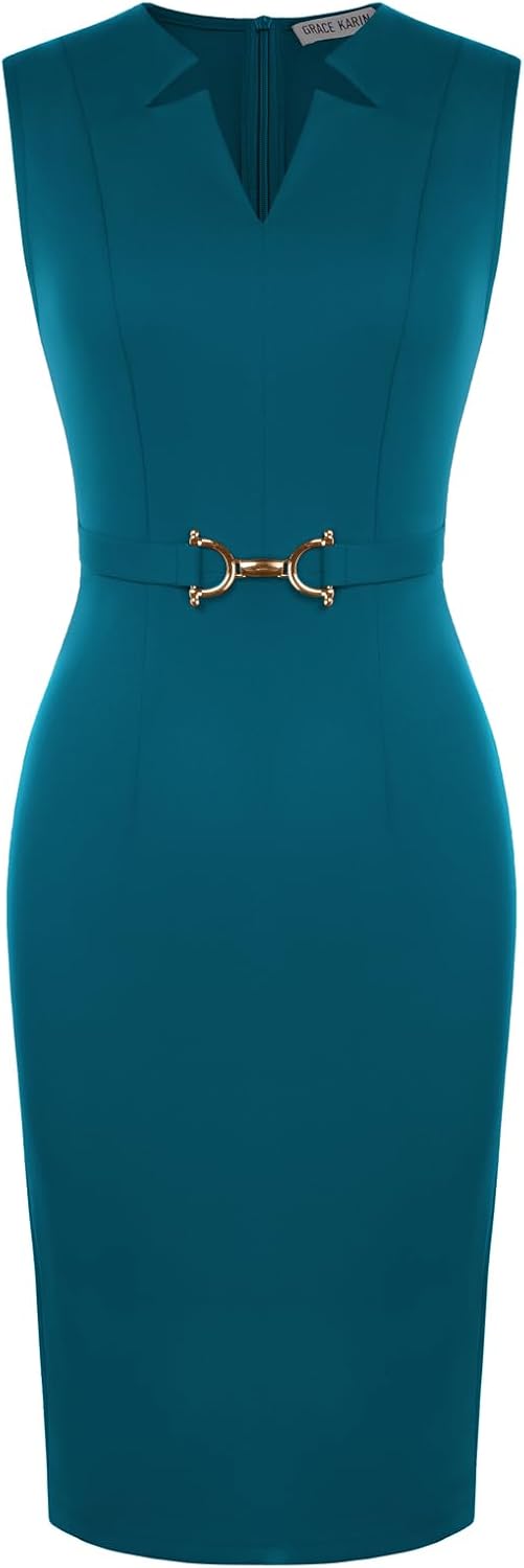 GRACE KARIN Womens Midi Work Business Formal Funeral Dresses 2026 | Summer Sleeveless V Neck Bodycon Pencil Sheath Knee Length Dress Professional Formal Office Church Cocktail Outfits