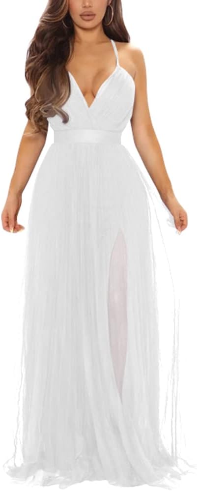 XXTAXN Womens Sexy Deep V Neck Split Cocktail Formal Prom Maxi Dress | Sleeveless Bridesmaid Wedding Guest Party Adjustable Spaghetti Strap
