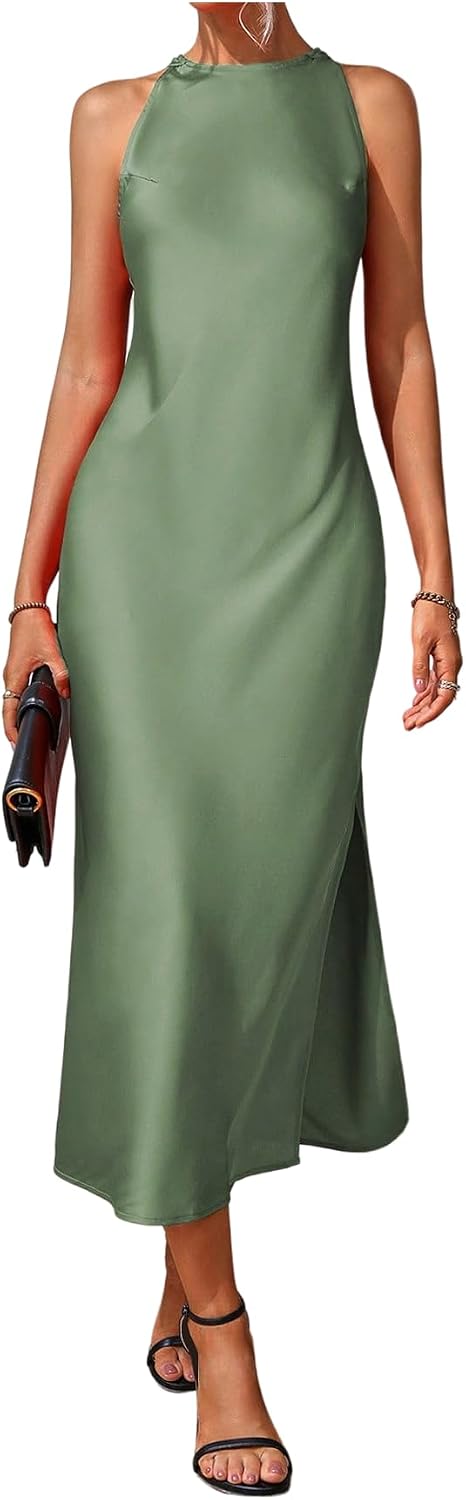 Floerns Women's Elegant Crew Neck Maxi Slit Cocktail Tank Wedding Dress | Boat Neck, Side Slit, Long, Party, Cocktail, Formal, Rehearsal Dinner Guest Midi Dress