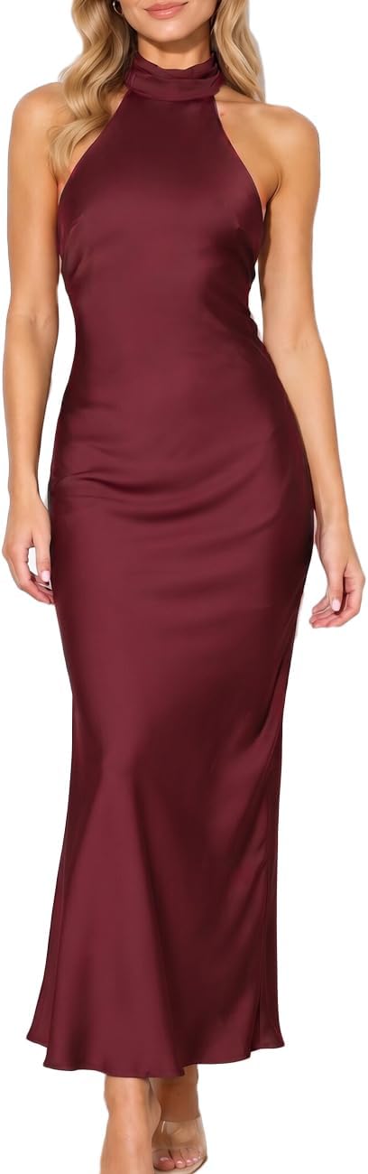 Women Summer Satin Halter Neck Backless Formal Wedding Guest Maxi Dress | Silk,High Neck,Sexy,Cowl back,Tie,Elegant,Cocktail,Bridesmaid,Beach,Vacation,Party,Graduation,Gift,Spring,Blue,Party