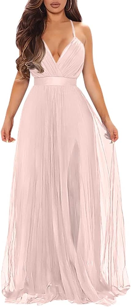 XXTAXN Womens Sexy Deep V Neck Split Cocktail Formal Prom Maxi Dress | Sleeveless Bridesmaid Wedding Guest Party Adjustable Spaghetti Strap