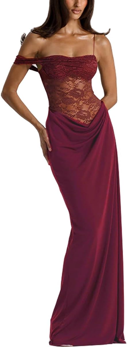 Women's Sexy Lace Maxi Dress High Split Spaghetti Strap Backless Wedding Guest Cocktail Formal Dresses