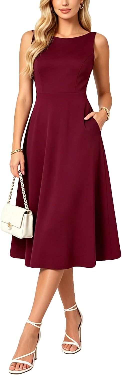 Belle Poque Womens Vintage Boat Neck Sleeveless Cocktail Dress | Midi Tea Party Dresses A Line Wedding Guest Cocktail Party Dress Elegant Homecoming Graduation Dress with Pockets