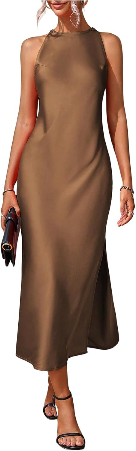 Floerns Women's Elegant Crew Neck Maxi Slit Cocktail Tank Wedding Dress | Boat Neck, Side Slit, Long, Party, Cocktail, Formal, Rehearsal Dinner Guest Midi Dress