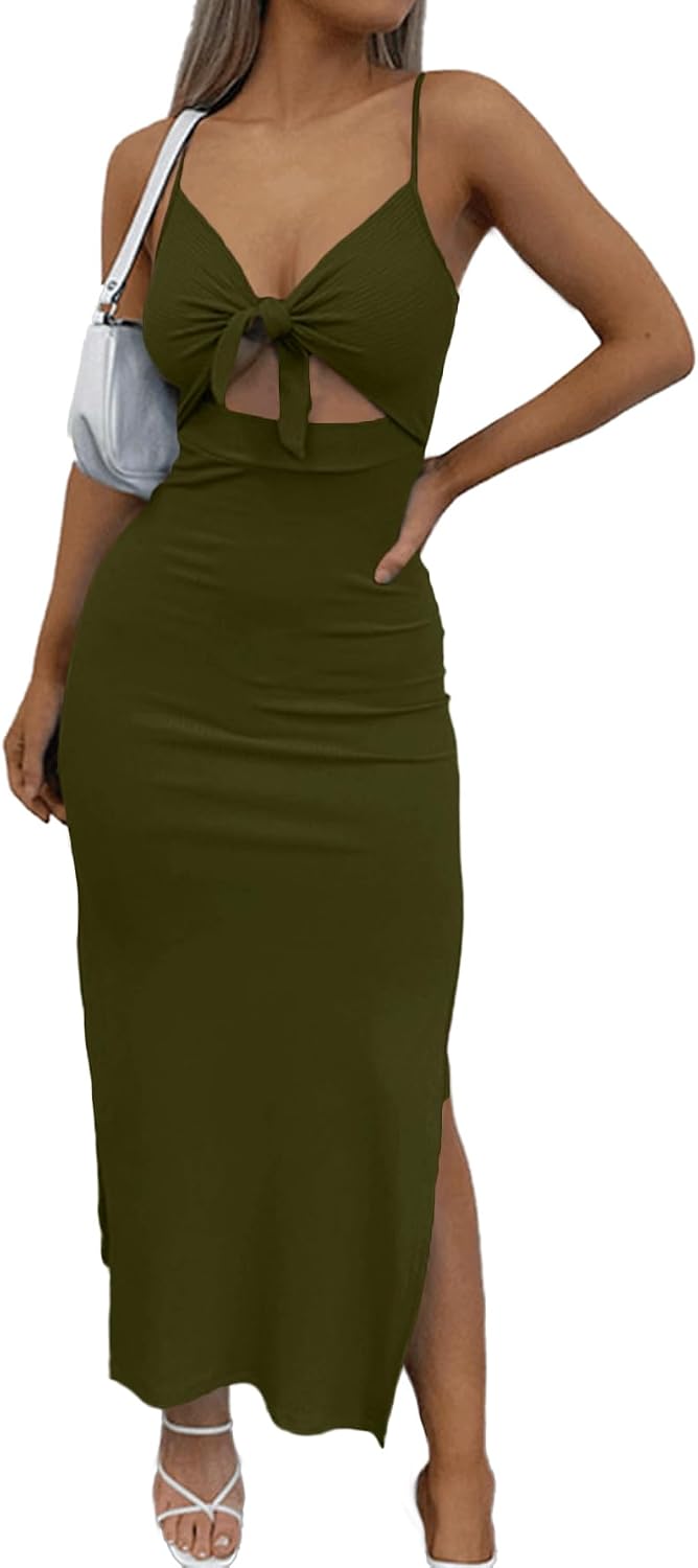 LYANER Women's Tie Knot Cut Out Sexy Maxi Dress | Summer Cut Out Side Split Sleeveless Knit Bodycon Vacation Long Sundress