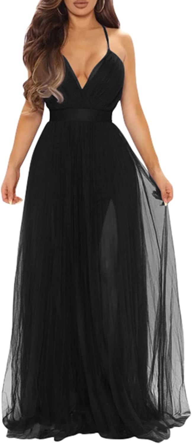 XXTAXN Womens Sexy Deep V Neck Split Cocktail Formal Prom Maxi Dress | Sleeveless Bridesmaid Wedding Guest Party Adjustable Spaghetti Strap
