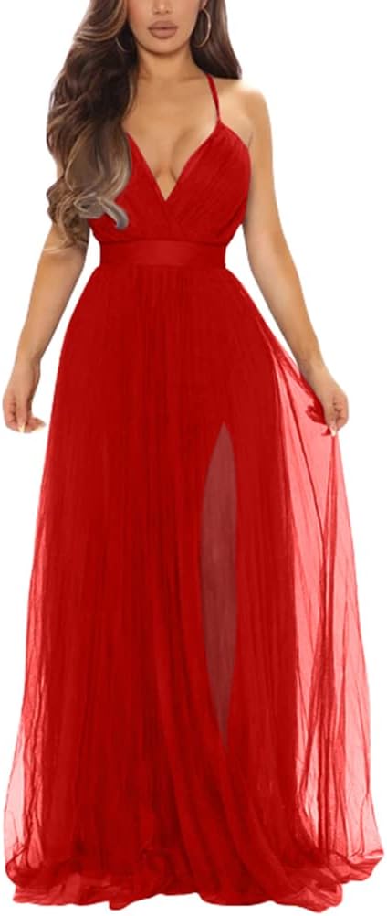 XXTAXN Womens Sexy Deep V Neck Split Cocktail Formal Prom Maxi Dress | Sleeveless Bridesmaid Wedding Guest Party Adjustable Spaghetti Strap