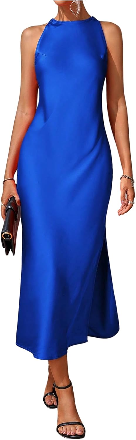 Floerns Women's Elegant Crew Neck Maxi Slit Cocktail Tank Wedding Dress | Boat Neck, Side Slit, Long, Party, Cocktail, Formal, Rehearsal Dinner Guest Midi Dress