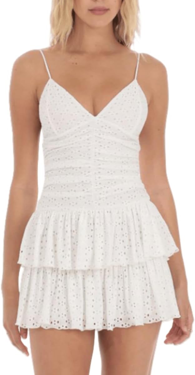 YOXUA Women's Deep V-Neck Spaghetti Strap Casual Tiered Mini Dresses Summer Layer Ruffle Hem Short Dress