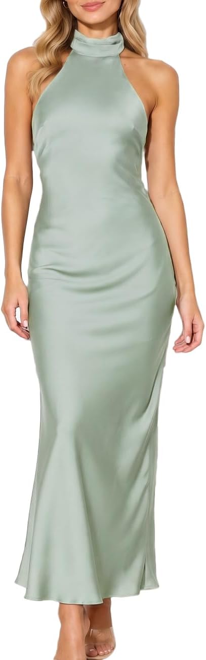 Women Summer Satin Halter Neck Backless Formal Wedding Guest Maxi Dress | Silk,High Neck,Sexy,Cowl back,Tie,Elegant,Cocktail,Bridesmaid,Beach,Vacation,Party,Graduation,Gift,Spring,Blue,Party