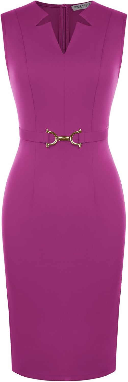 GRACE KARIN Womens Midi Work Business Formal Funeral Dresses 2026 | Summer Sleeveless V Neck Bodycon Pencil Sheath Knee Length Dress Professional Formal Office Church Cocktail Outfits