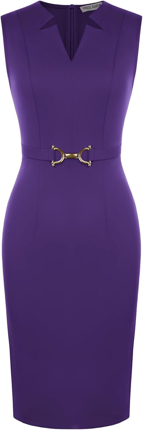 GRACE KARIN Womens Midi Work Business Formal Funeral Dresses 2026 | Summer Sleeveless V Neck Bodycon Pencil Sheath Knee Length Dress Professional Formal Office Church Cocktail Outfits