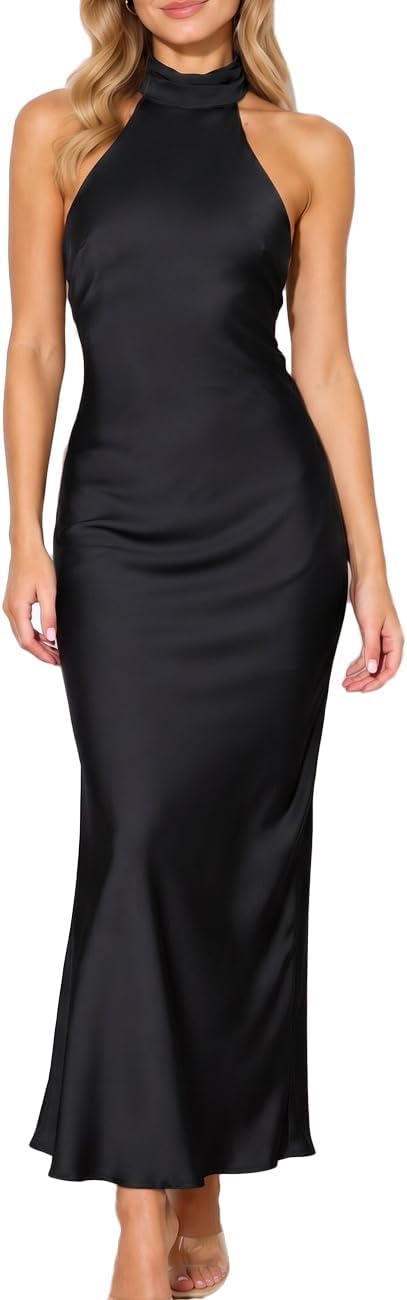 Women Summer Satin Halter Neck Backless Formal Wedding Guest Maxi Dress | Silk,High Neck,Sexy,Cowl back,Tie,Elegant,Cocktail,Bridesmaid,Beach,Vacation,Party,Graduation,Gift,Spring,Blue,Party