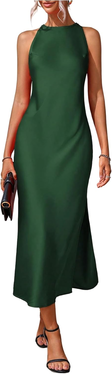 Floerns Women's Elegant Crew Neck Maxi Slit Cocktail Tank Wedding Dress | Boat Neck, Side Slit, Long, Party, Cocktail, Formal, Rehearsal Dinner Guest Midi Dress
