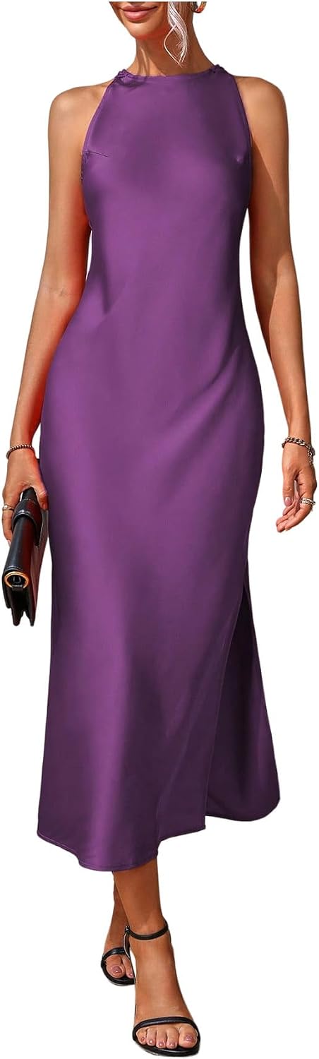 Floerns Women's Elegant Crew Neck Maxi Slit Cocktail Tank Wedding Dress | Boat Neck, Side Slit, Long, Party, Cocktail, Formal, Rehearsal Dinner Guest Midi Dress