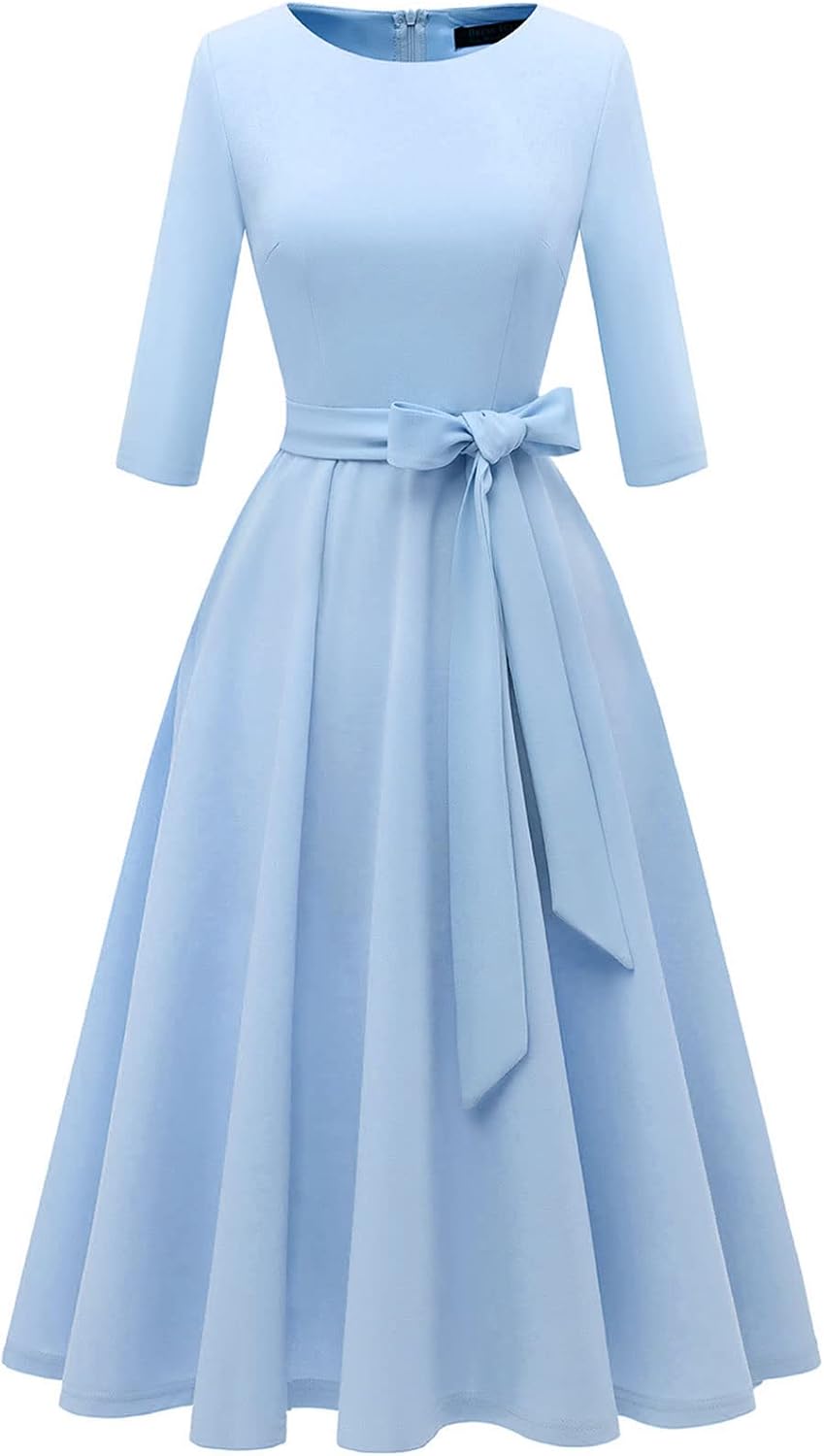 DRESSTELLS Cocktail Dresses for Women, Vintage Wedding Guest Church Dress | 3\/4 Sleeves, A-line, Mid Calf, Detachable Belt, Ideal for Formal Tea Party