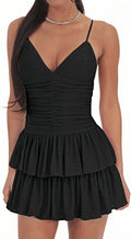 YOXUA Women's Deep V-Neck Spaghetti Strap Casual Tiered Mini Dresses Summer Layer Ruffle Hem Short Dress