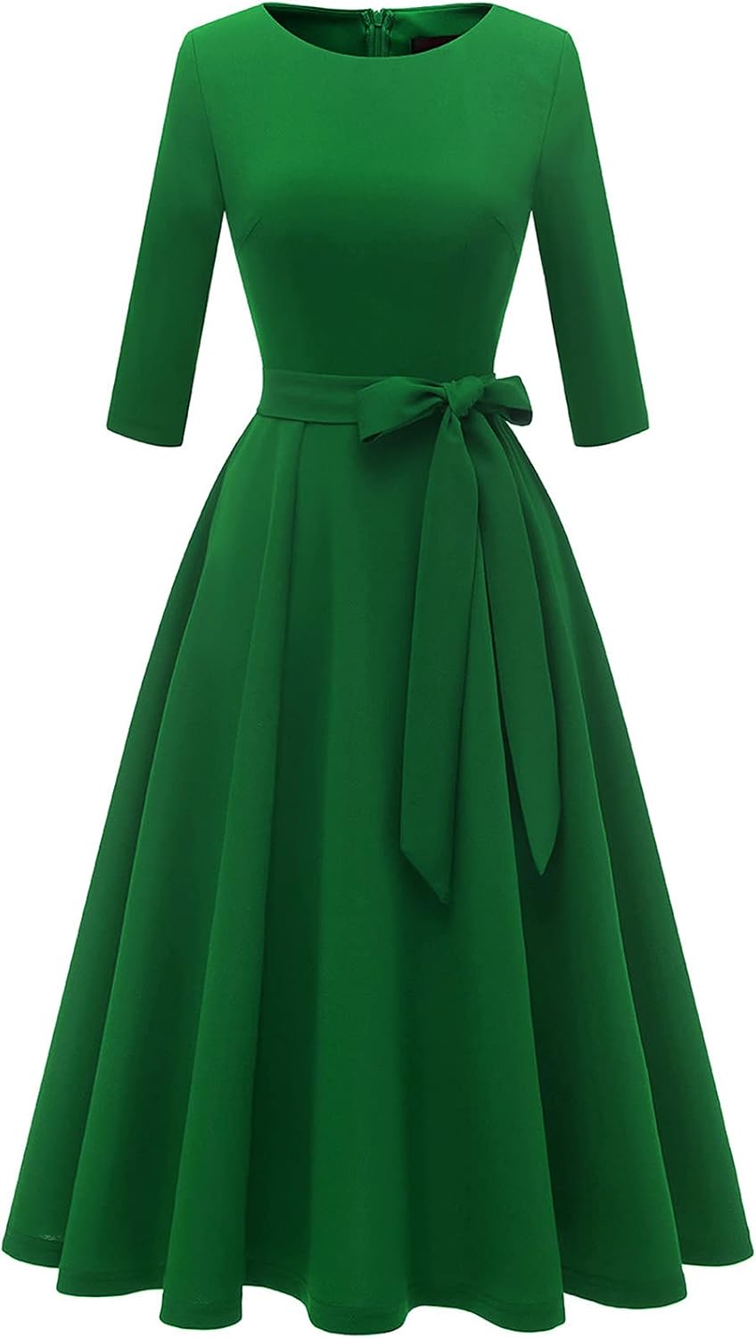 DRESSTELLS Cocktail Dresses for Women, Vintage Wedding Guest Church Dress | 3\/4 Sleeves, A-line, Mid Calf, Detachable Belt, Ideal for Formal Tea Party