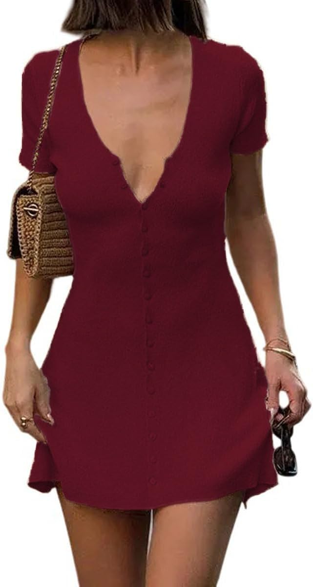 LOFAAC Women Sexy V Neck Button Down Knitted Short Dress Slim Fit Cap Sleeve Flowy Swing Going Out Mini Dress Summer