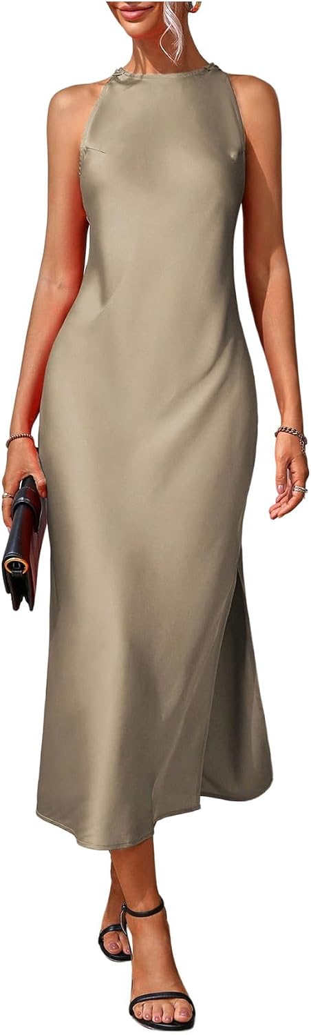 Floerns Women's Elegant Crew Neck Maxi Slit Cocktail Tank Wedding Dress | Boat Neck, Side Slit, Long, Party, Cocktail, Formal, Rehearsal Dinner Guest Midi Dress
