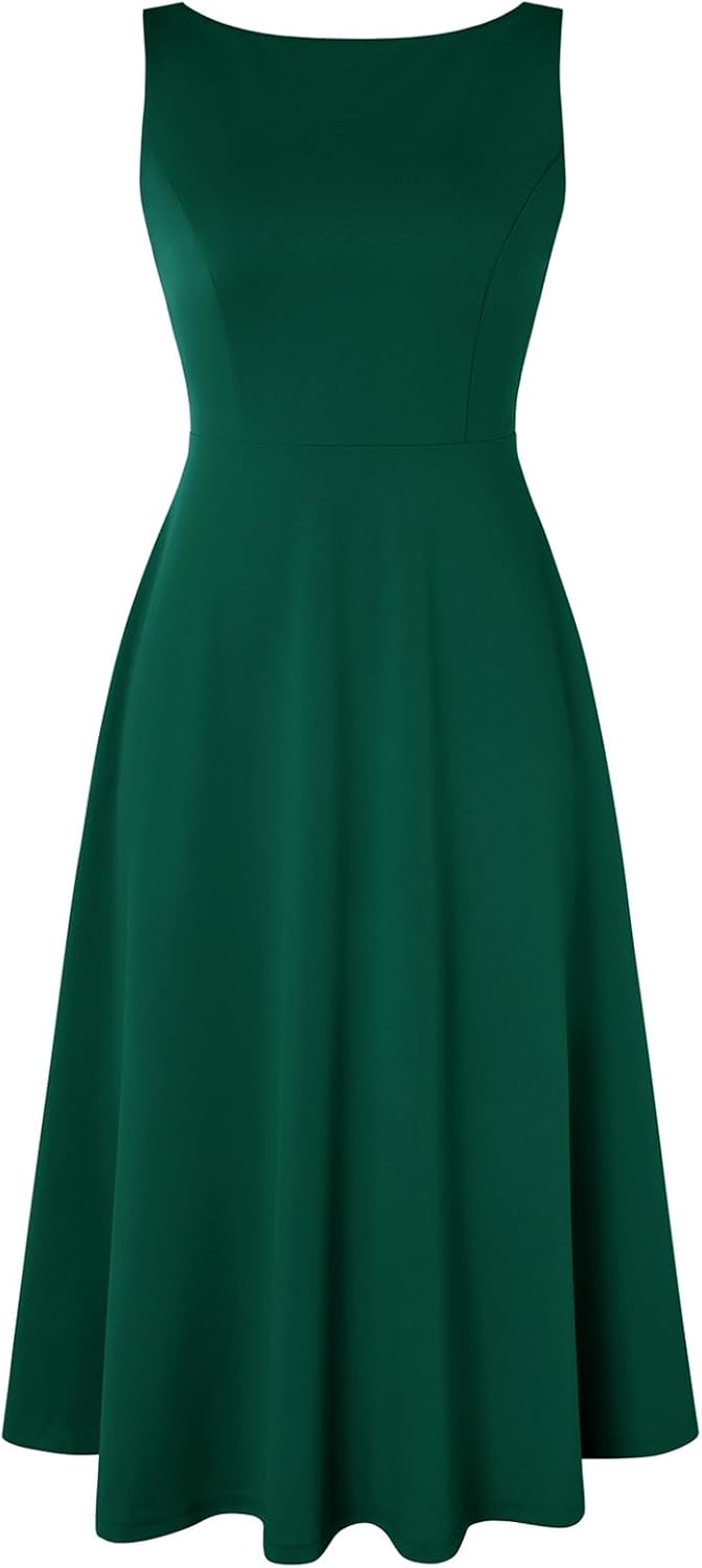 Belle Poque Womens Vintage Boat Neck Sleeveless Cocktail Dress | Midi Tea Party Dresses A Line Wedding Guest Cocktail Party Dress Elegant Homecoming Graduation Dress with Pockets