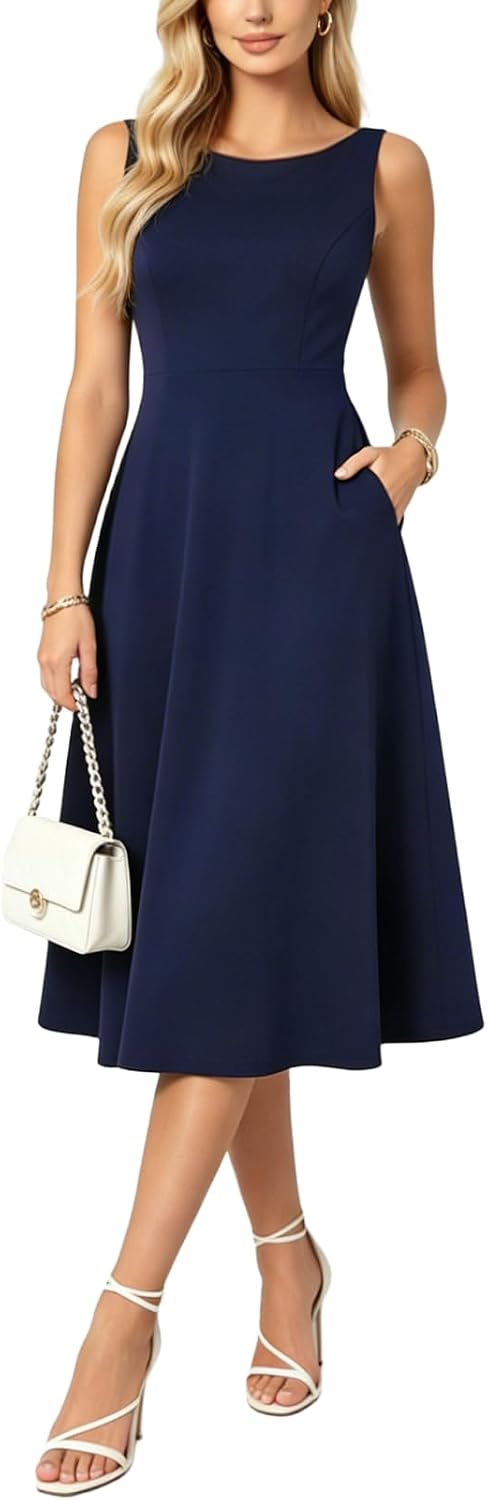 Belle Poque Womens Vintage Boat Neck Sleeveless Cocktail Dress | Midi Tea Party Dresses A Line Wedding Guest Cocktail Party Dress Elegant Homecoming Graduation Dress with Pockets