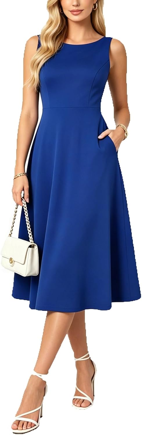 Belle Poque Womens Vintage Boat Neck Sleeveless Cocktail Dress | Midi Tea Party Dresses A Line Wedding Guest Cocktail Party Dress Elegant Homecoming Graduation Dress with Pockets