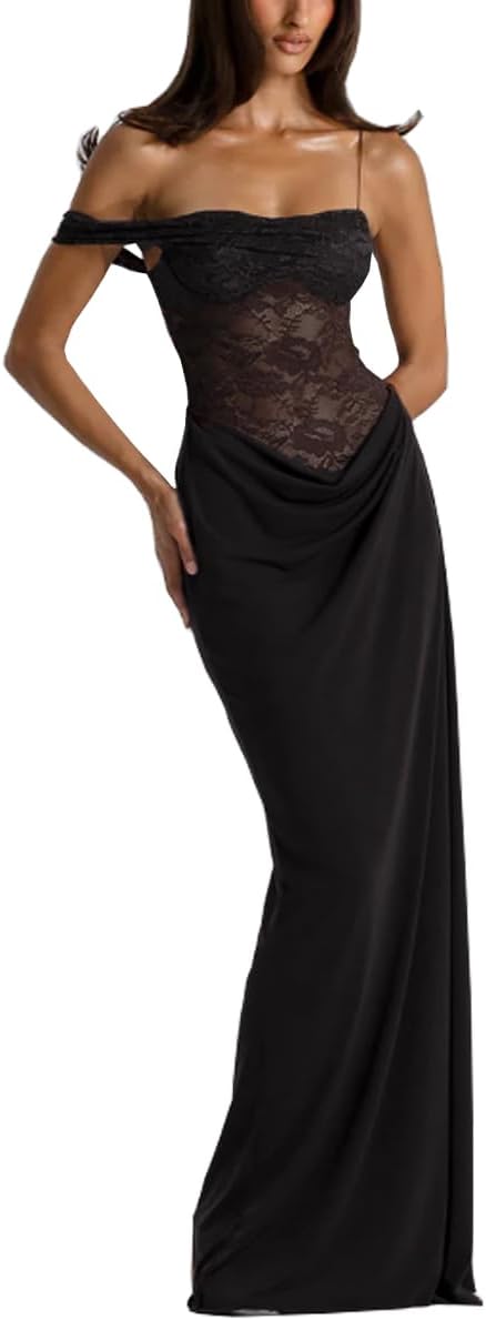 Women's Sexy Lace Maxi Dress High Split Spaghetti Strap Backless Wedding Guest Cocktail Formal Dresses