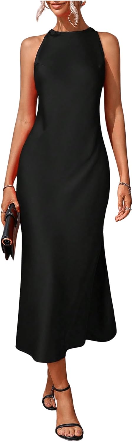 Floerns Women's Elegant Crew Neck Maxi Slit Cocktail Tank Wedding Dress | Boat Neck, Side Slit, Long, Party, Cocktail, Formal, Rehearsal Dinner Guest Midi Dress