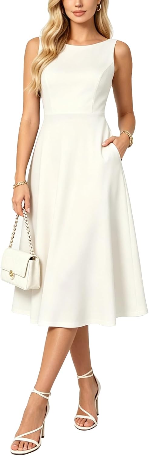 Belle Poque Womens Vintage Boat Neck Sleeveless Cocktail Dress | Midi Tea Party Dresses A Line Wedding Guest Cocktail Party Dress Elegant Homecoming Graduation Dress with Pockets