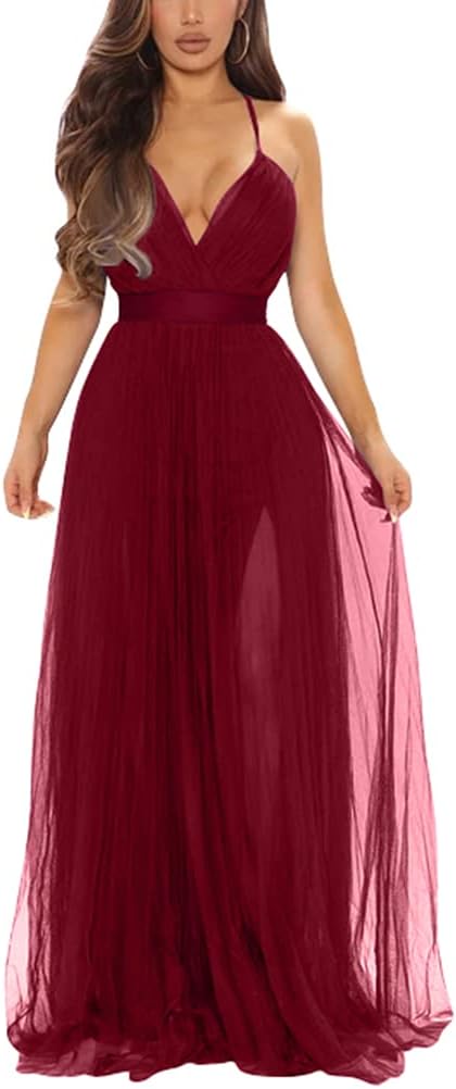 XXTAXN Womens Sexy Deep V Neck Split Cocktail Formal Prom Maxi Dress | Sleeveless Bridesmaid Wedding Guest Party Adjustable Spaghetti Strap