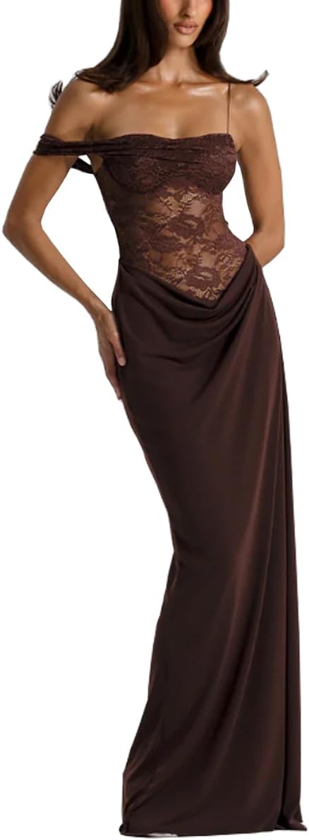 Women's Sexy Lace Maxi Dress High Split Spaghetti Strap Backless Wedding Guest Cocktail Formal Dresses