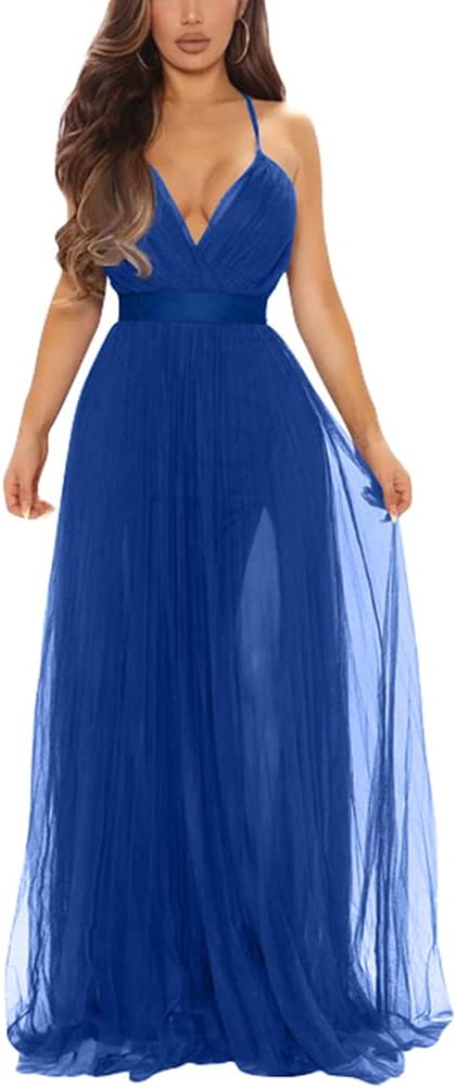 XXTAXN Womens Sexy Deep V Neck Split Cocktail Formal Prom Maxi Dress | Sleeveless Bridesmaid Wedding Guest Party Adjustable Spaghetti Strap