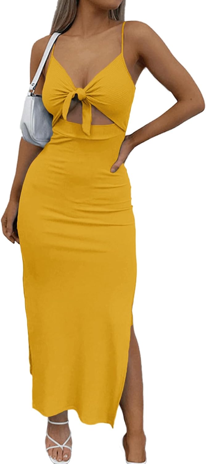 LYANER Women's Tie Knot Cut Out Sexy Maxi Dress | Summer Cut Out Side Split Sleeveless Knit Bodycon Vacation Long Sundress