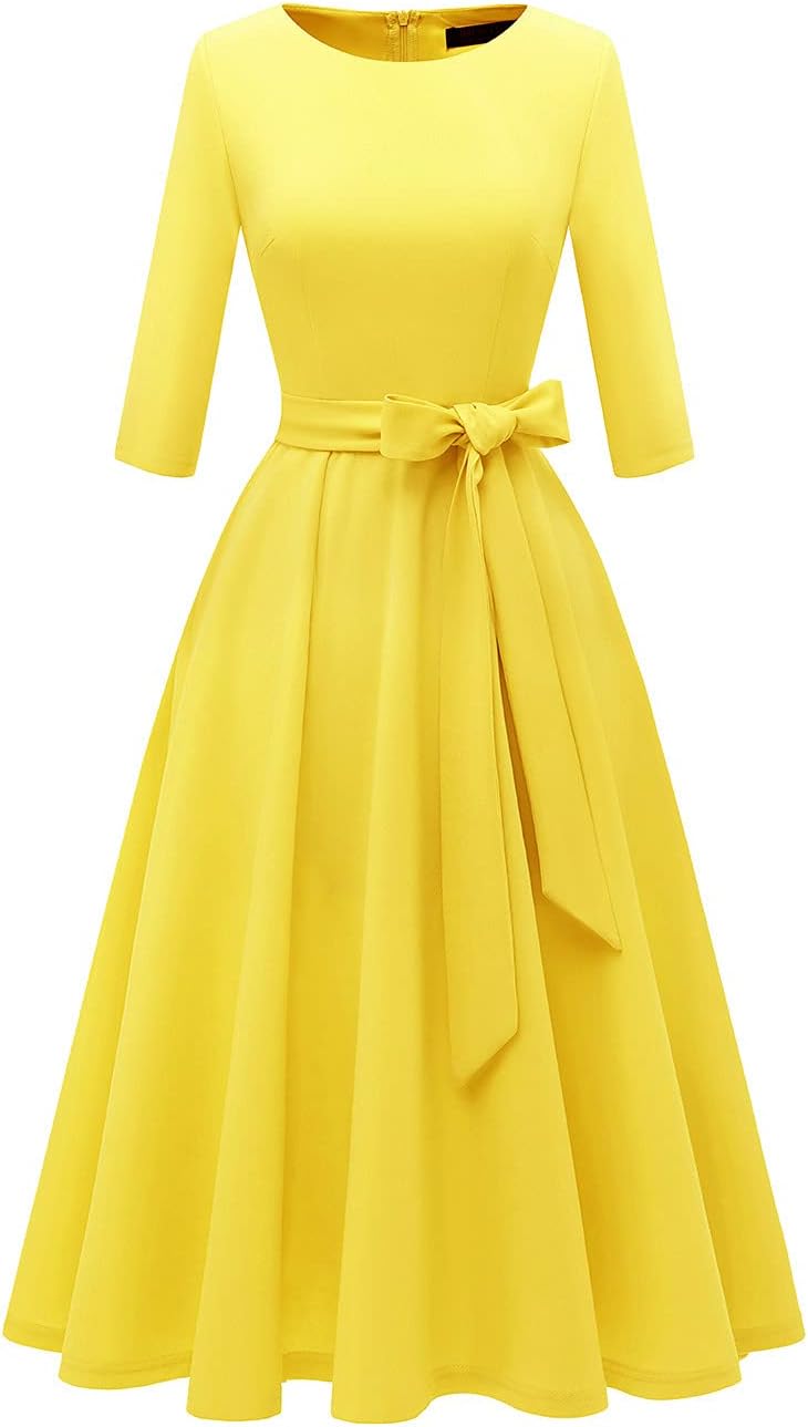 DRESSTELLS Cocktail Dresses for Women, Vintage Wedding Guest Church Dress | 3\/4 Sleeves, A-line, Mid Calf, Detachable Belt, Ideal for Formal Tea Party