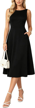 Belle Poque Womens Vintage Boat Neck Sleeveless Cocktail Dress | Midi Tea Party Dresses A Line Wedding Guest Cocktail Party Dress Elegant Homecoming Graduation Dress with Pockets