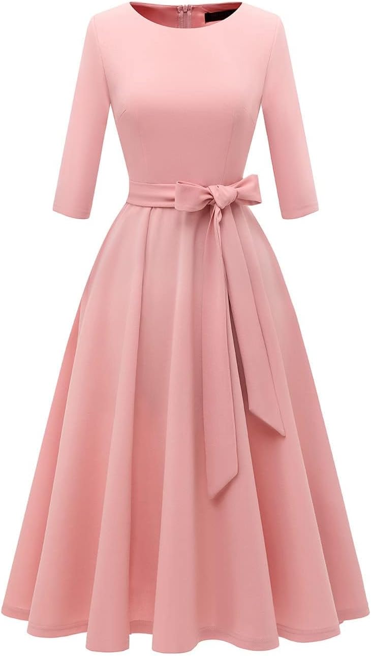 DRESSTELLS Cocktail Dresses for Women, Vintage Wedding Guest Church Dress | 3\/4 Sleeves, A-line, Mid Calf, Detachable Belt, Ideal for Formal Tea Party
