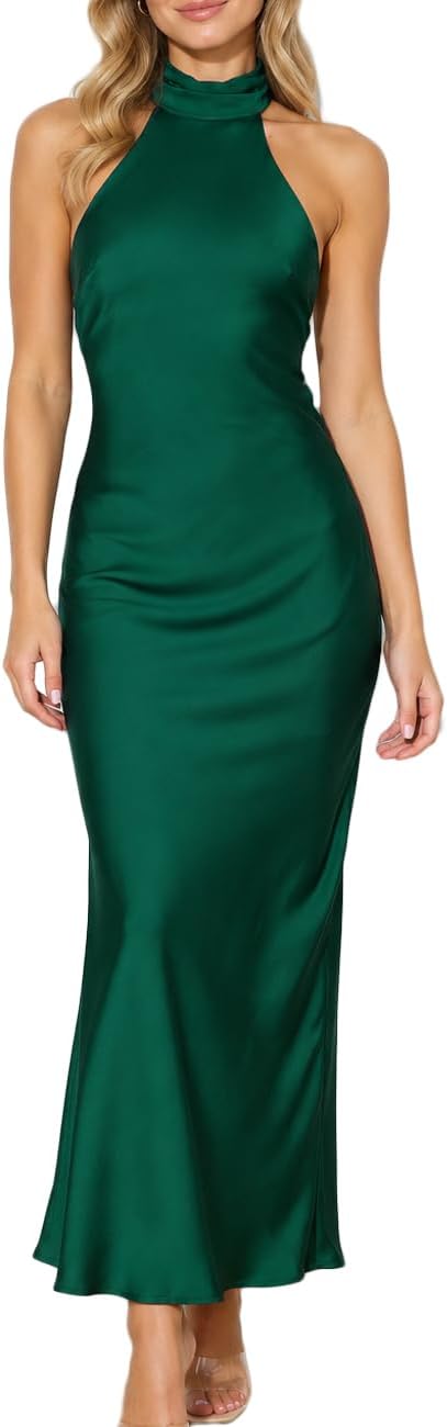 Women Summer Satin Halter Neck Backless Formal Wedding Guest Maxi Dress | Silk,High Neck,Sexy,Cowl back,Tie,Elegant,Cocktail,Bridesmaid,Beach,Vacation,Party,Graduation,Gift,Spring,Blue,Party