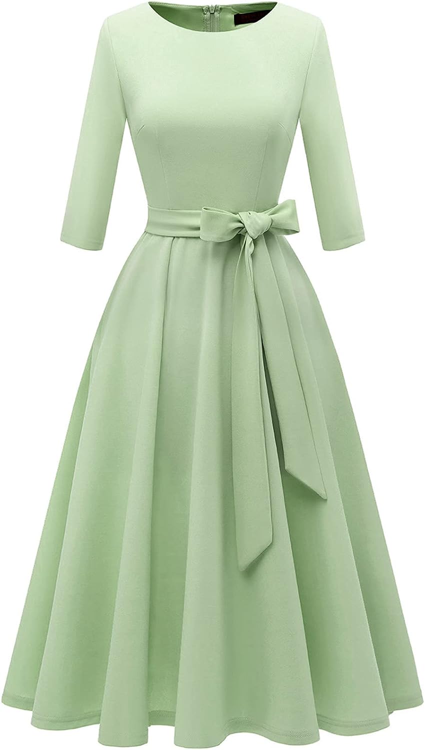 DRESSTELLS Cocktail Dresses for Women, Vintage Wedding Guest Church Dress | 3\/4 Sleeves, A-line, Mid Calf, Detachable Belt, Ideal for Formal Tea Party