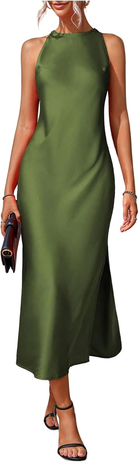Floerns Women's Elegant Crew Neck Maxi Slit Cocktail Tank Wedding Dress | Boat Neck, Side Slit, Long, Party, Cocktail, Formal, Rehearsal Dinner Guest Midi Dress