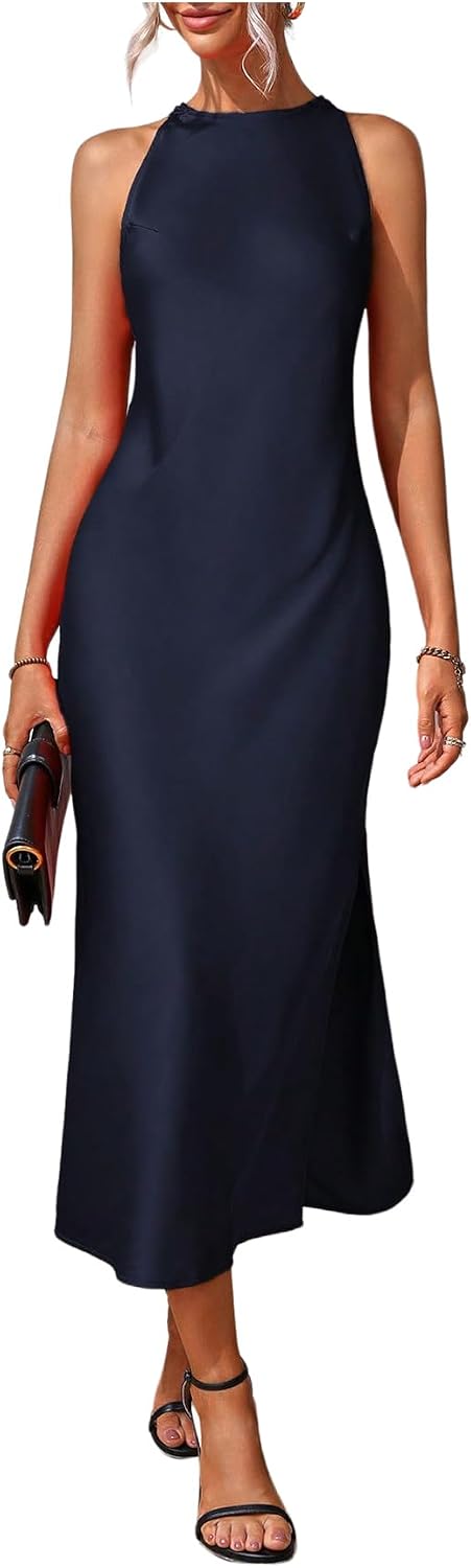 Floerns Women's Elegant Crew Neck Maxi Slit Cocktail Tank Wedding Dress | Boat Neck, Side Slit, Long, Party, Cocktail, Formal, Rehearsal Dinner Guest Midi Dress