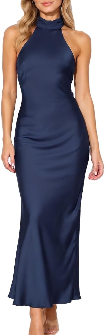 Women Summer Satin Halter Neck Backless Formal Wedding Guest Maxi Dress | Silk,High Neck,Sexy,Cowl back,Tie,Elegant,Cocktail,Bridesmaid,Beach,Vacation,Party,Graduation,Gift,Spring,Blue,Party