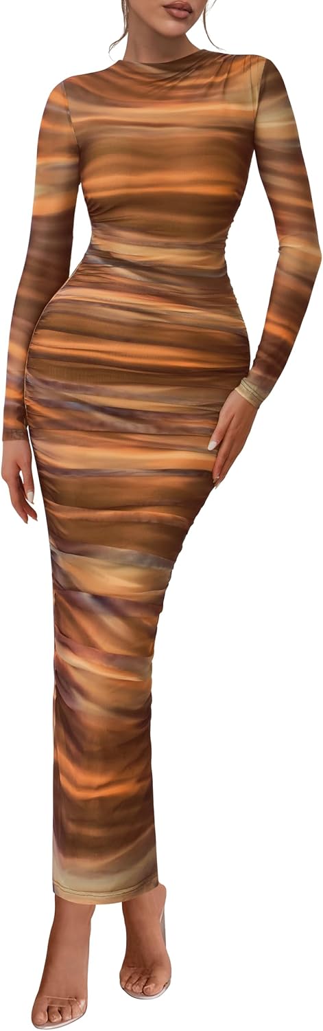 PRETTYGARDEN Long Sleeve Maxi Dresses for Women Wedding Guest Fall Outfits | Ruched Bodycon Dress Long, Floral Mesh, Date Night, Formal Cocktail Party, Homecoming Holiday Dresses