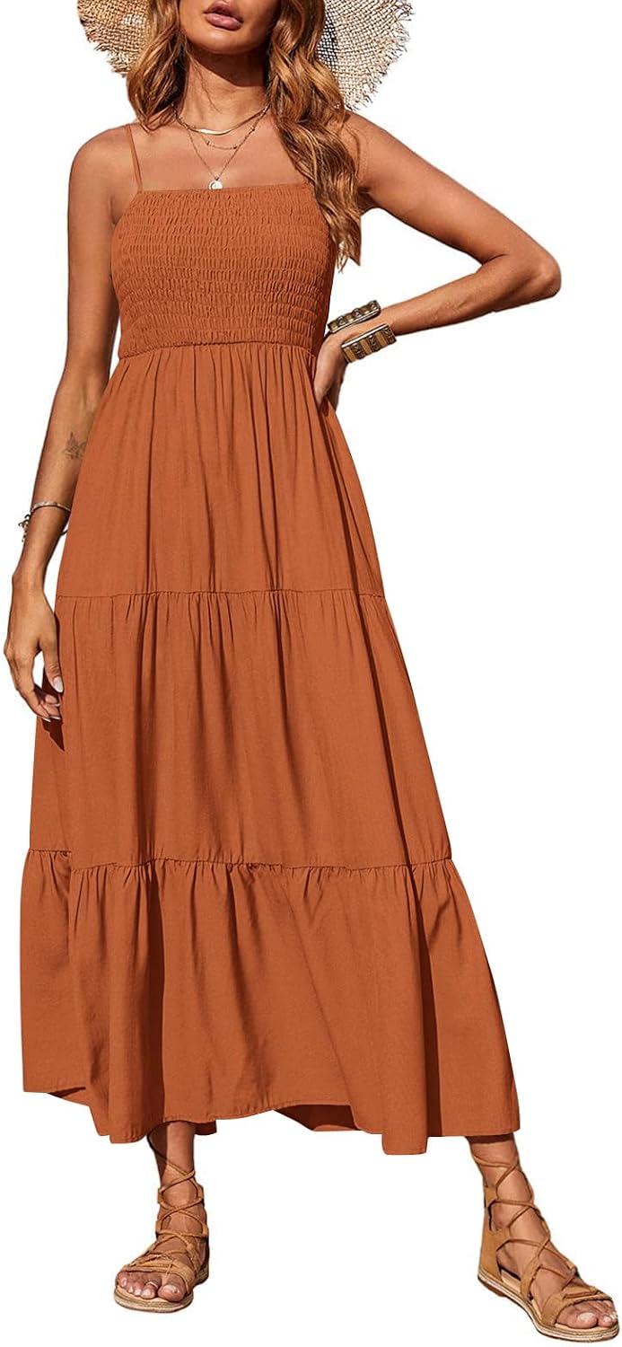 PRETTYGARDEN Women's Summer Maxi Dress 2026 Spaghetti Strap Sundresses | Boho Dress, Sleeveless, Smocked, Flowy Tiered A Line Long Dress, Beach Vacation, Party, Wedding Guest